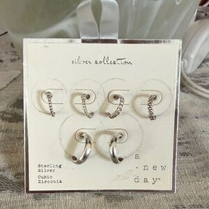NWT a new day 3 pair Sterling Silver Hoop and Textured Mini Hoop Earring Set 925